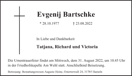 Traueranzeige von Evgenij Bartschke von Deister- und Weserzeitung