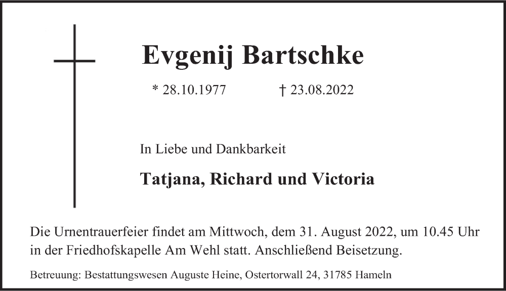  Traueranzeige für Evgenij Bartschke vom 27.08.2022 aus Deister- und Weserzeitung