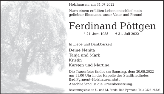 Traueranzeige von Ferdinand Pöttgen von Deister- und Weserzeitung