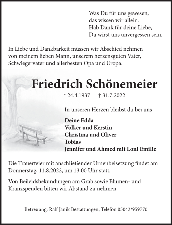Traueranzeige von Friedrich Schönemeier von Neue Deister-Zeitung