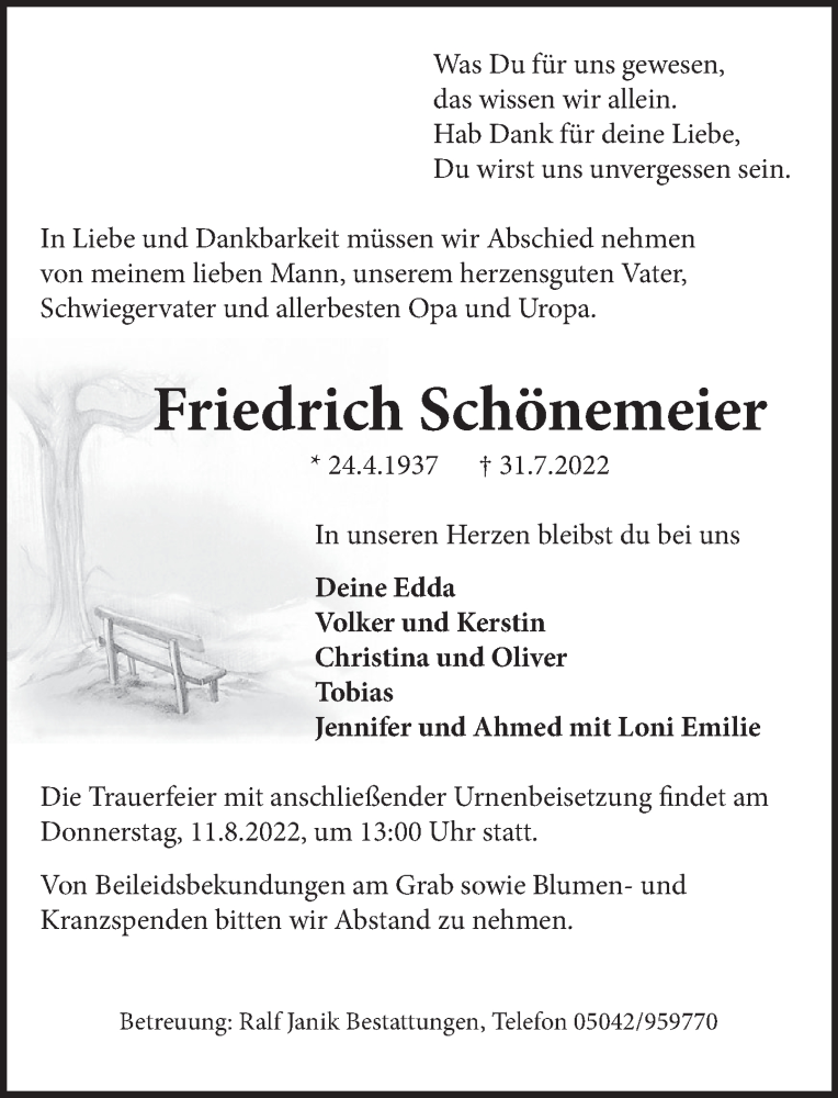  Traueranzeige für Friedrich Schönemeier vom 06.08.2022 aus Neue Deister-Zeitung