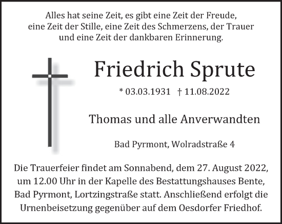 Traueranzeige von Friedrich Sprute von Deister- und Weserzeitung