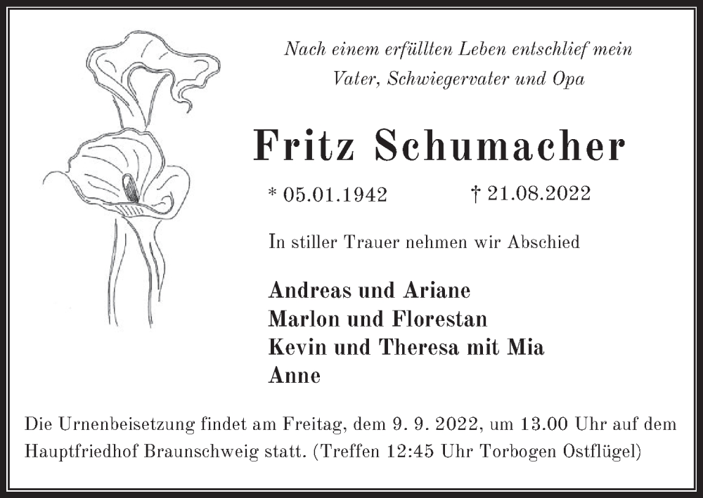  Traueranzeige für Fritz Schumacher vom 27.08.2022 aus Neue Deister-Zeitung