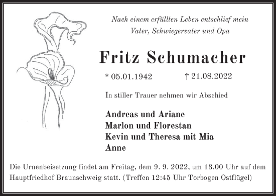 Traueranzeige von Fritz Schumacher von Neue Deister-Zeitung