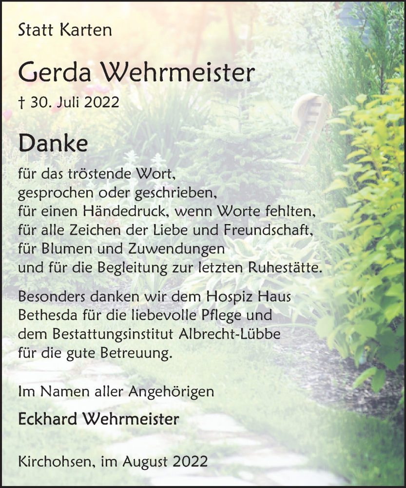  Traueranzeige für Gerda Wehrmeister vom 27.08.2022 aus Deister- und Weserzeitung