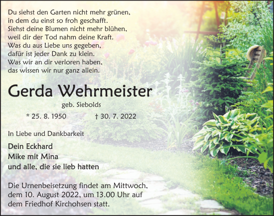Traueranzeige von Gerda Wehrmeister von Deister- und Weserzeitung