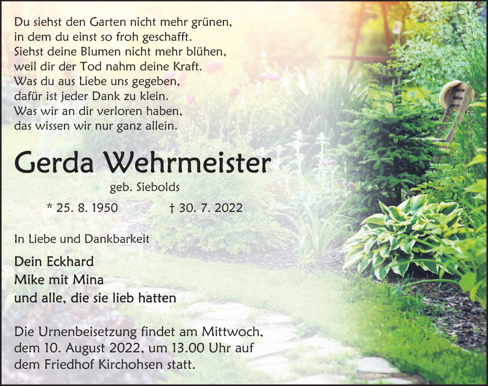  Traueranzeige für Gerda Wehrmeister vom 06.08.2022 aus Deister- und Weserzeitung
