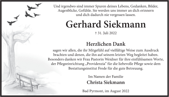 Traueranzeige von Gerhard Siekmann von Deister- und Weserzeitung