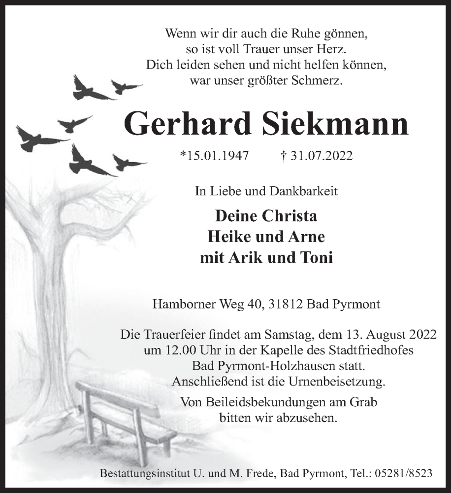  Traueranzeige für Gerhard Siekmann vom 03.08.2022 aus Deister- und Weserzeitung