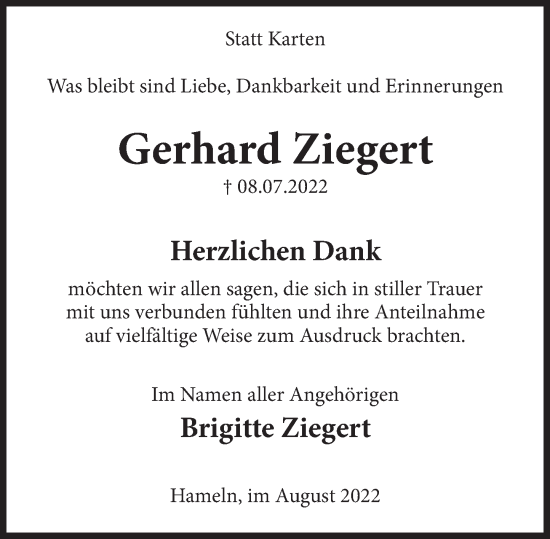 Traueranzeige von Gerhard Ziegert von Deister- und Weserzeitung