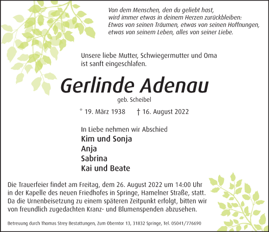 Traueranzeige von Gerlinde Adenau von Neue Deister-Zeitung