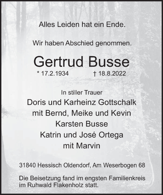 Traueranzeige von Gertrud Busse von Deister- und Weserzeitung