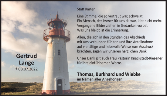 Traueranzeige von Gertrud Lange von Deister- und Weserzeitung