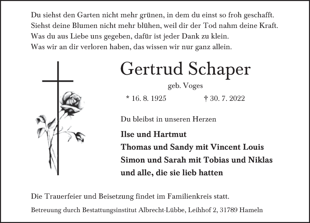  Traueranzeige für Gertrud Schaper vom 06.08.2022 aus Deister- und Weserzeitung
