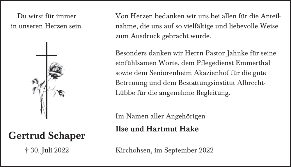  Traueranzeige für Gertrud Schaper vom 10.09.2022 aus Deister- und Weserzeitung