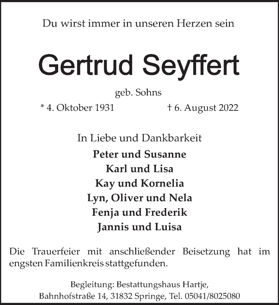  Traueranzeige für Gertrud Seyffert vom 20.08.2022 aus Neue Deister-Zeitung