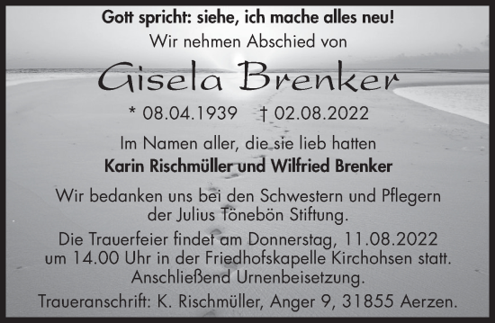 Traueranzeige von Gisela Brenker von Deister- und Weserzeitung