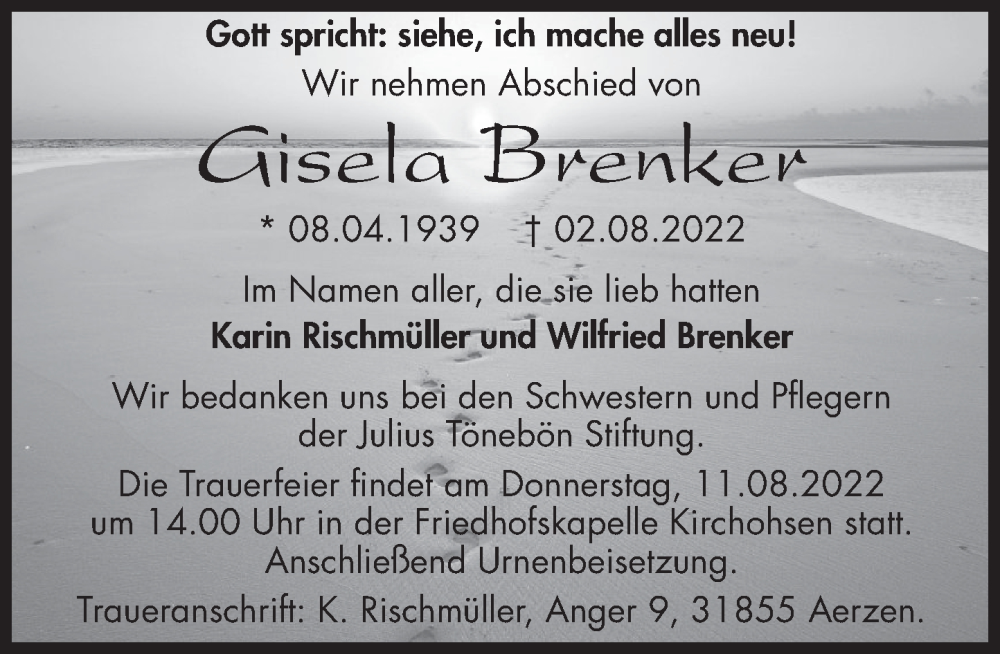  Traueranzeige für Gisela Brenker vom 06.08.2022 aus Deister- und Weserzeitung