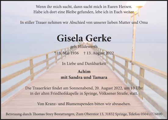 Traueranzeige von Gisela Gerke von Neue Deister-Zeitung