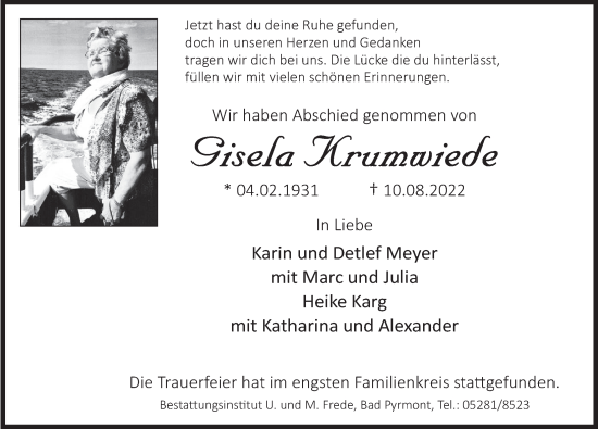 Traueranzeige von Gisela Krumwiede von Deister- und Weserzeitung