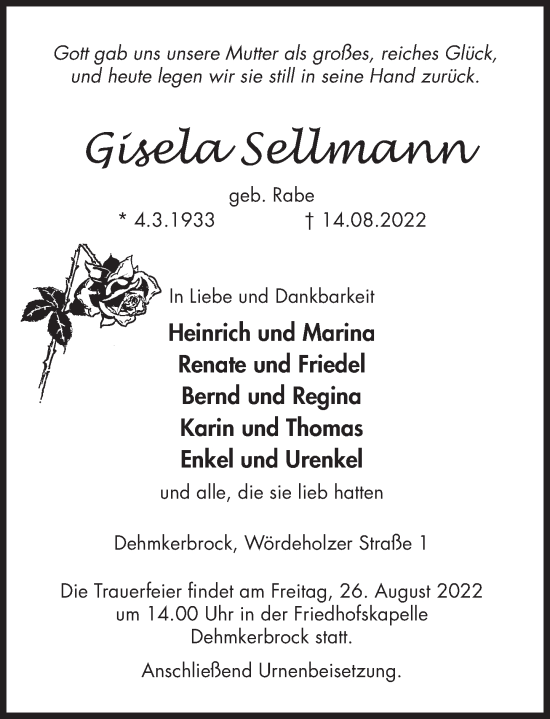 Traueranzeige von Gisela Sellmann von Deister- und Weserzeitung