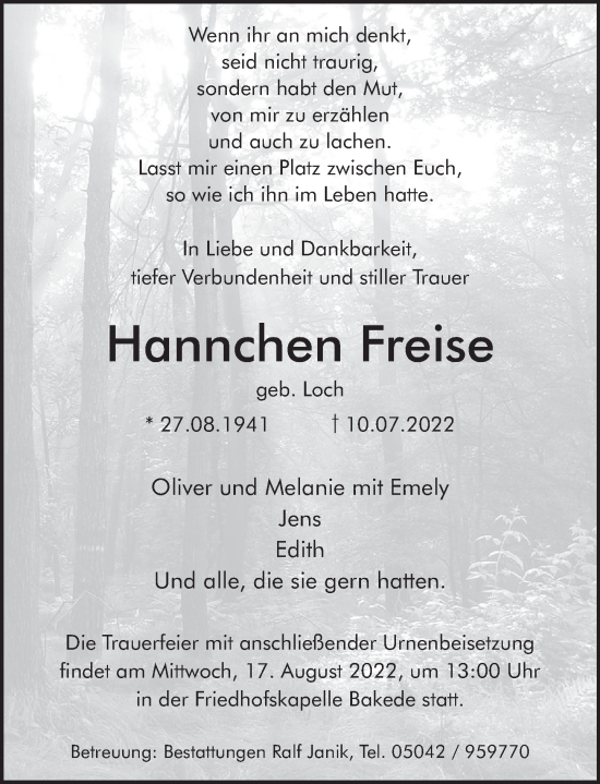 Traueranzeige von Hannchen Freise von Neue Deister-Zeitung