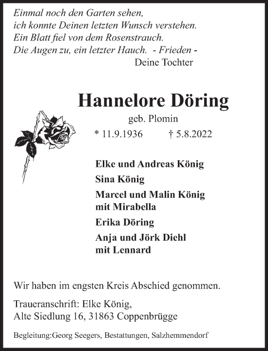 Traueranzeige von Hannelore Döring von Deister- und Weserzeitung