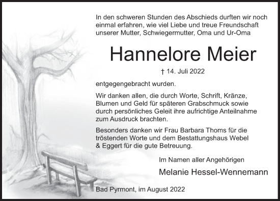 Traueranzeige von Hannelore Meier von Deister- und Weserzeitung