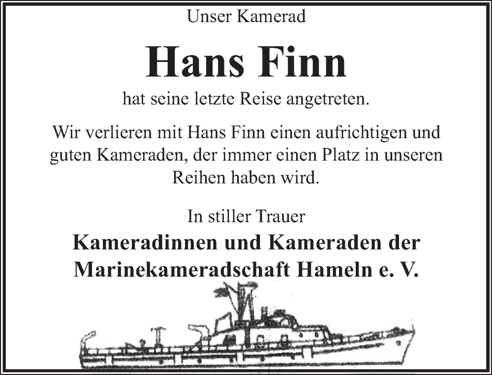  Traueranzeige für Hans Finn vom 27.08.2022 aus Deister- und Weserzeitung