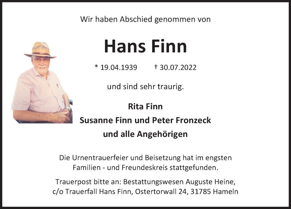  Traueranzeige für Hans Finn vom 20.08.2022 aus Deister- und Weserzeitung