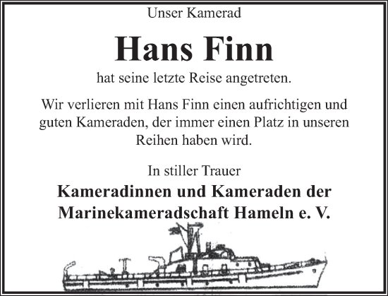 Traueranzeige von Hans Finn von Deister- und Weserzeitung