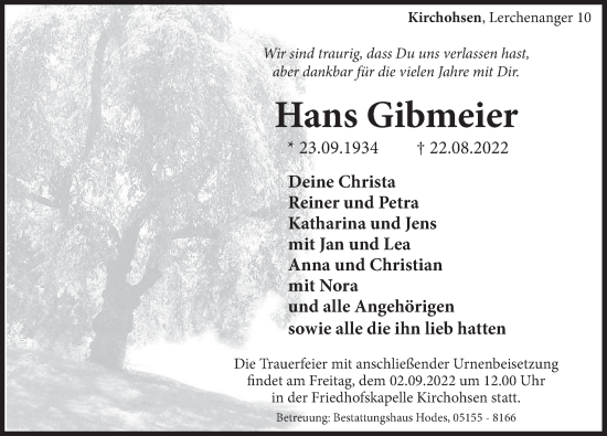 Traueranzeige von Hans Gibmeier von Deister- und Weserzeitung