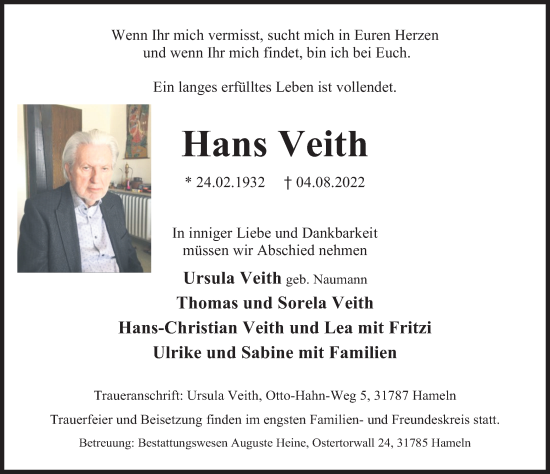 Traueranzeige von Hans Veith von Deister- und Weserzeitung