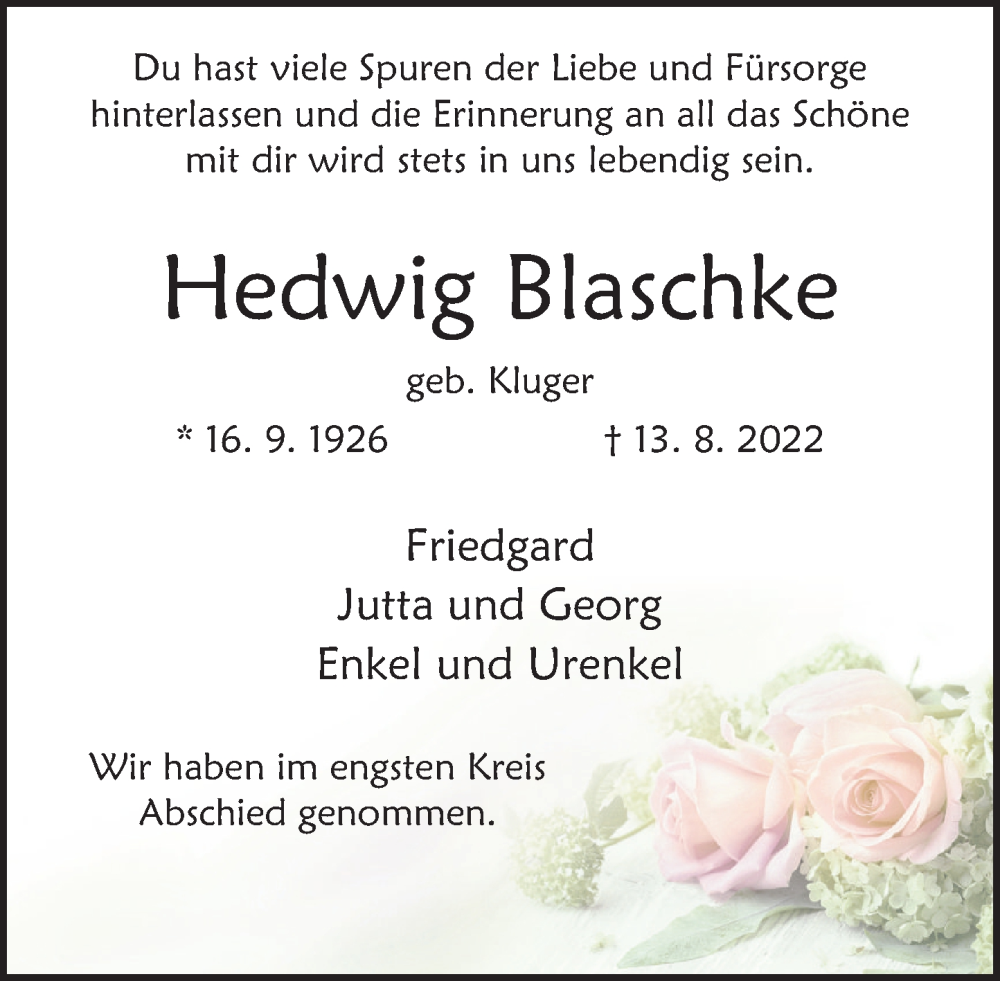  Traueranzeige für Hedwig Blaschke vom 26.08.2022 aus Deister- und Weserzeitung