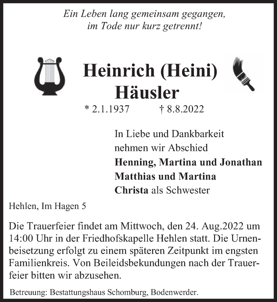  Traueranzeige für Heinrich Häusler vom 13.08.2022 aus Deister- und Weserzeitung