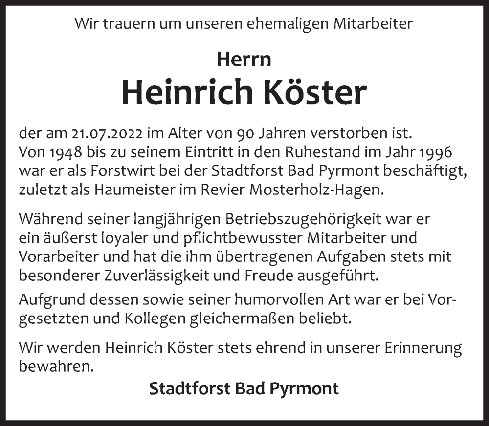  Traueranzeige für Heinrich Köster vom 02.08.2022 aus Deister- und Weserzeitung