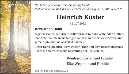 Traueranzeige von Heinrich Köster von Deister- und Weserzeitung