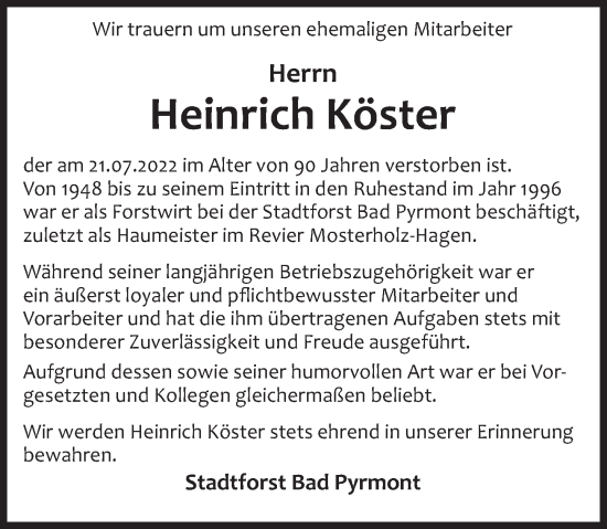 Traueranzeige von Heinrich Köster von Deister- und Weserzeitung