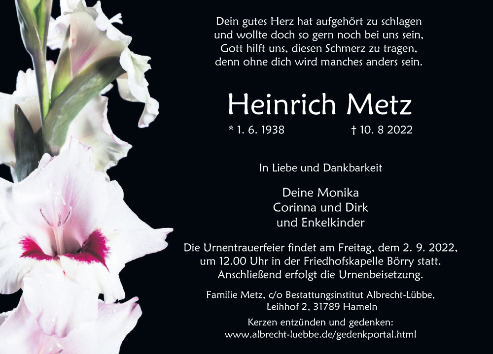  Traueranzeige für Heinrich Metz vom 25.08.2022 aus Deister- und Weserzeitung