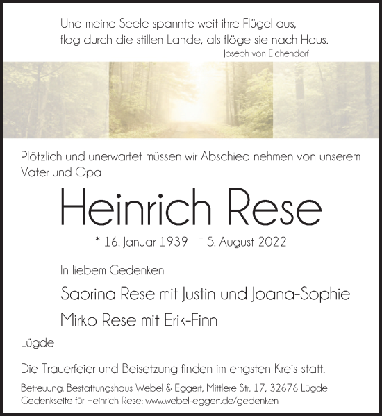Traueranzeige von Heinrich Rese von Deister- und Weserzeitung