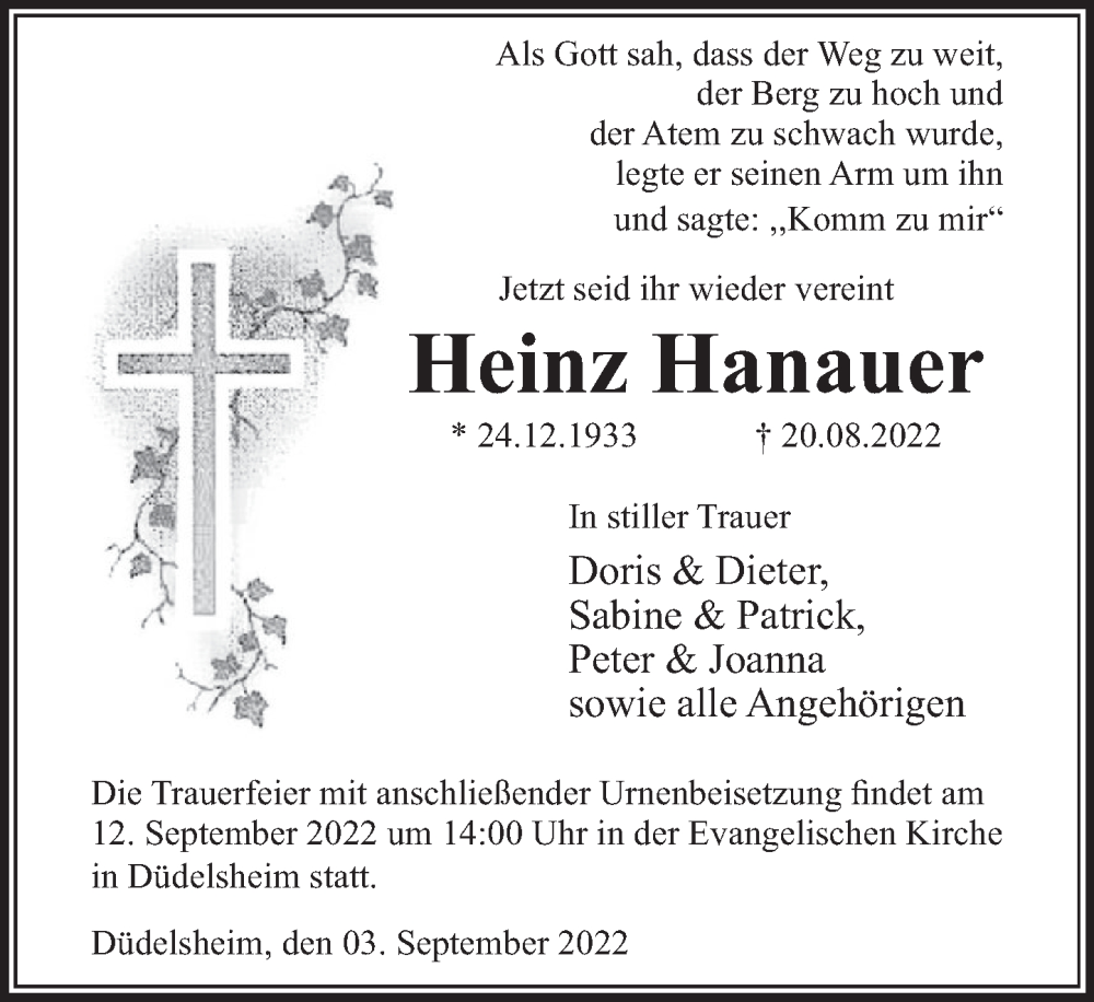  Traueranzeige für Heinz Haunauer vom 03.09.2022 aus Deister- und Weserzeitung