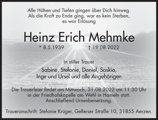Traueranzeige von Heinz Erich Mehmke von Deister- und Weserzeitung