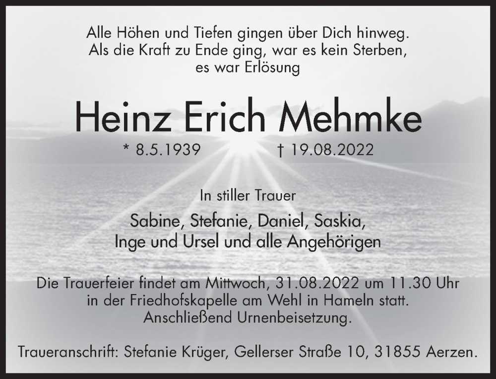  Traueranzeige für Heinz Erich Mehmke vom 27.08.2022 aus Deister- und Weserzeitung