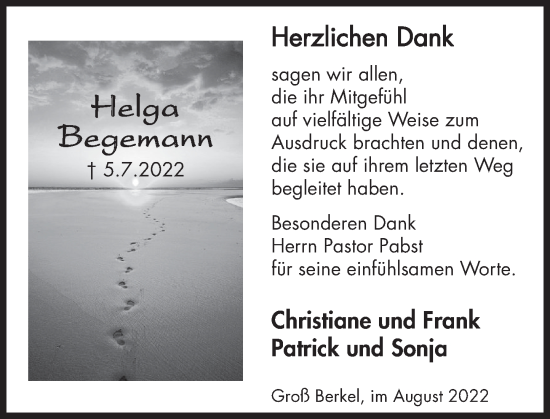 Traueranzeige von Helga Begemann von Deister- und Weserzeitung