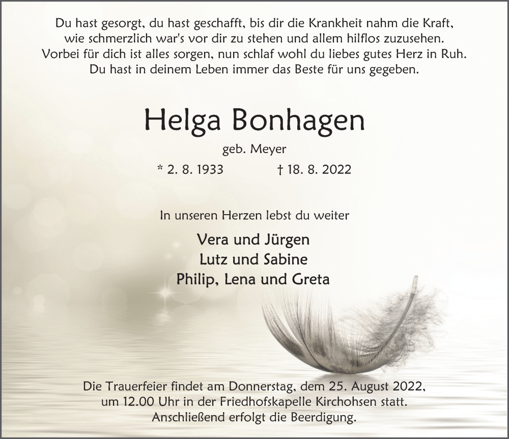  Traueranzeige für Helga Bonhagen vom 22.08.2022 aus Deister- und Weserzeitung