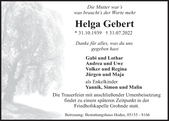 Traueranzeige von Helga Gebert von Deister- und Weserzeitung