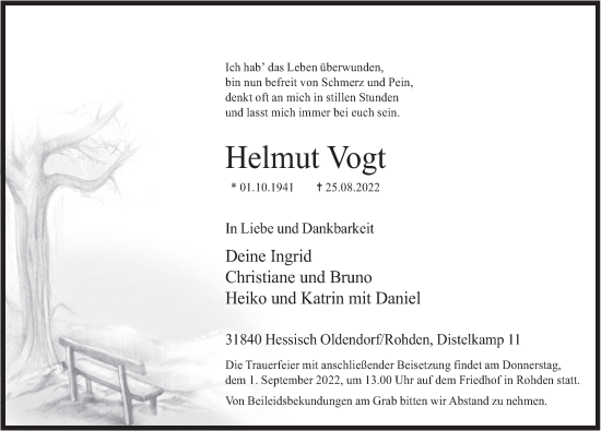 Traueranzeige von Helmut Vogt von Deister- und Weserzeitung