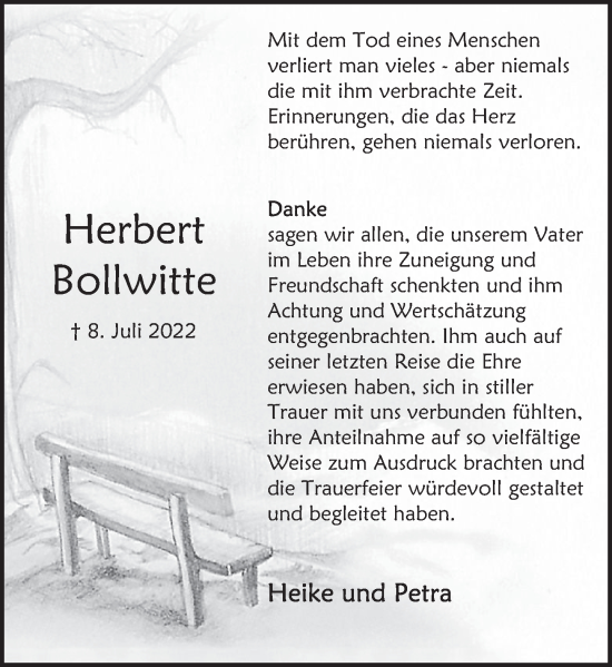 Traueranzeige von Herbert Bollwitte von Deister- und Weserzeitung
