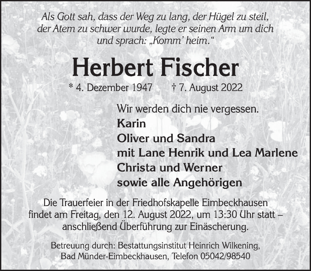  Traueranzeige für Herbert Fischer vom 09.08.2022 aus Neue Deister-Zeitung