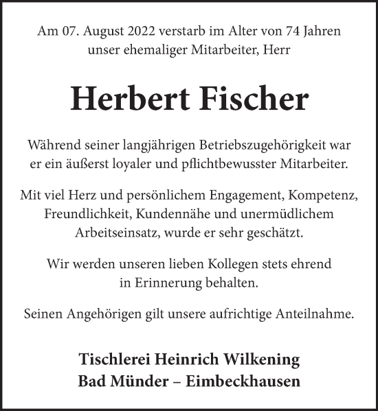 Traueranzeige von Herbert Fischer von Neue Deister-Zeitung